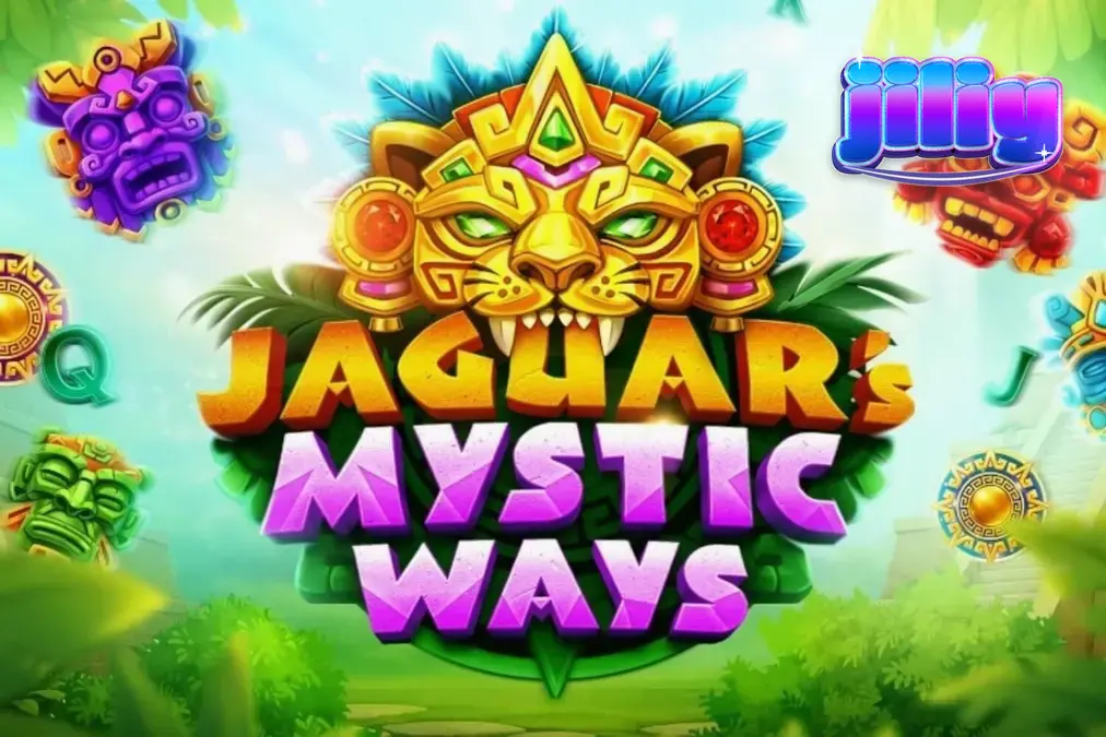 Isang masining na paglalarawan ng Jaguar’s Mystic Ways slot na nagtatampok ng mga Mayan temple at gintong maskara sa loob ng isang misteryosong kagubatan.